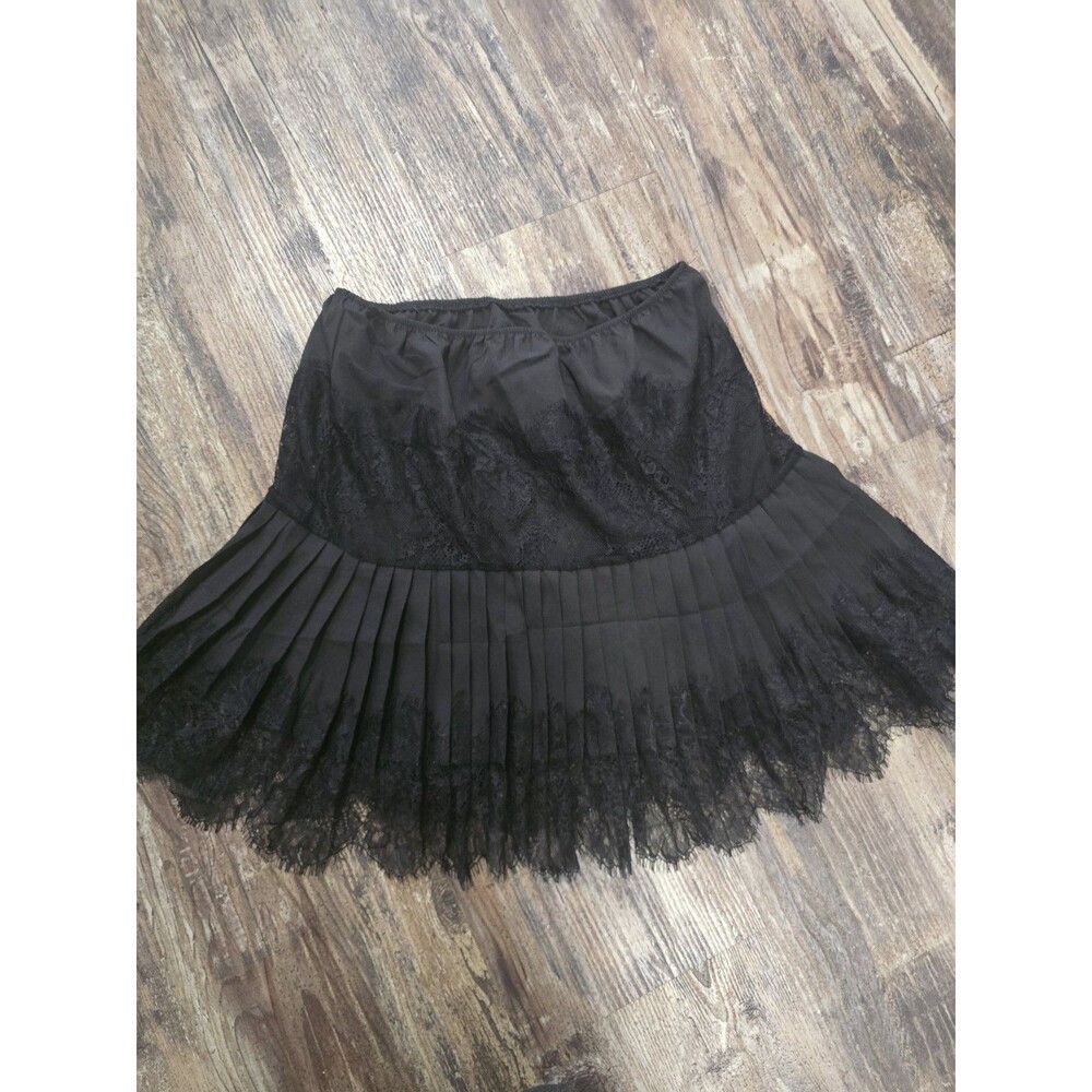 Black Satin Pleated Tiered Floral Lace Mini Slip Skirt Skirt M Whimsigoth